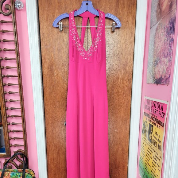 Vintage 90s Hot Pink Beaded Open Back Maxi Dress / Prom Dress / Formal Gown
